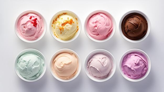 Advertising shot several bowls of multicolored ice cream top view isolated on light gray bg