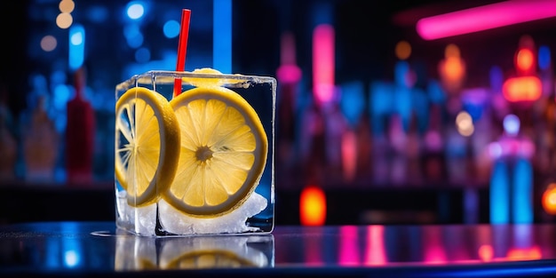 advertising stilllife with sliced lemon in ice cubes over night club background Bar counter