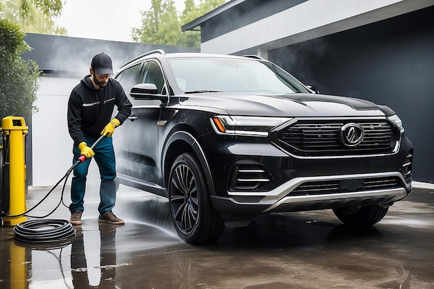 Advertising Style Photo of a Professional Car Wash Specialist Using a High Pressure Washer