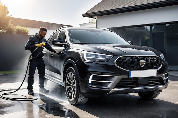 Advertising Style Photo of a Professional Car Wash Specialist Using a High Pressure Washer