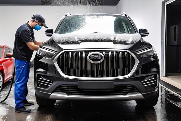 Advertising Style Photo of a Professional Car Wash Specialist Using a High Pressure Washer