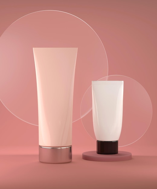 Advertising template for skin care product Tube mockups on a round podium on a pink background 3d