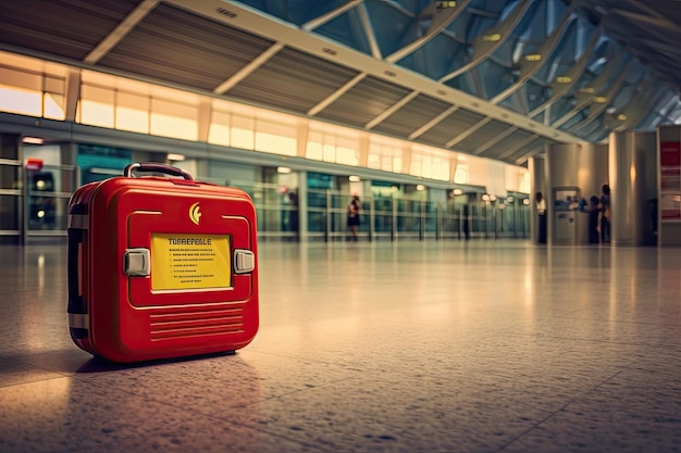 AED emergency defibrillator on the wall in the international airport for prepared to provide lifesaving cardiopulmonary resuscitation Generative AI