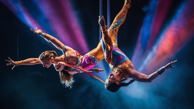 Aerial acrobats performing under stage lights