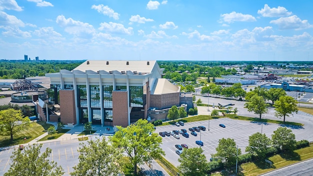 Aerial Allen Country War Memorial Coliseum on bright summer day with blue skies and fluffy clouds