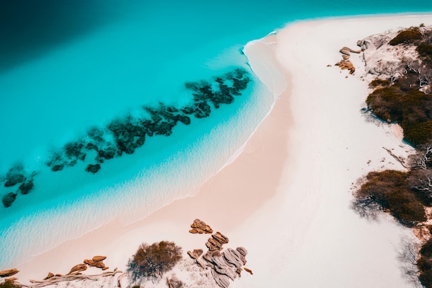 Aerial beach picture serves as the banner for the summer break Blue ocean waves the seashore and the shoreline Top view from an airborne drone Generative AI