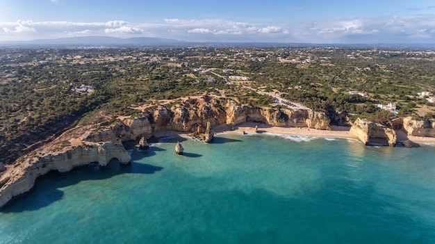 Aerial. Beautiful Portuguese beaches Marinha, Albufeira view from the sky.