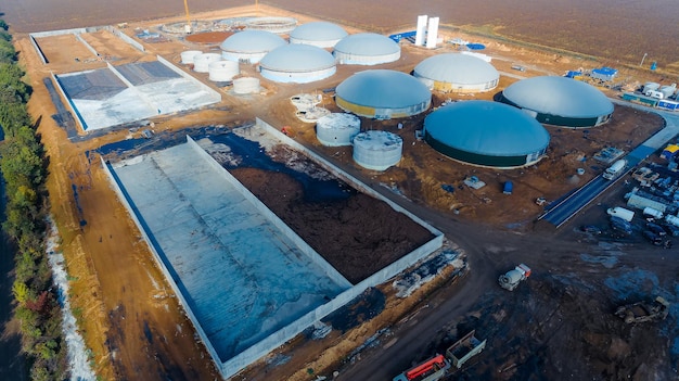 Aerial big tanks technology Drone shot of big factory construction