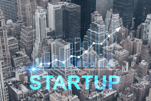 Aerial birds eye panoramic city view of Upper Manhattan area and East Side neighborhoods New York city USA Startup company launch project to seek and develop scalable business model hologram