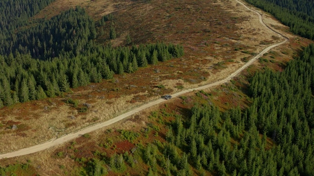 Aerial car on mountain road view going camp among green rocky trees growing Charming landscape transport hills path summer day national park drone scene Nature vacation hilly panorama concept