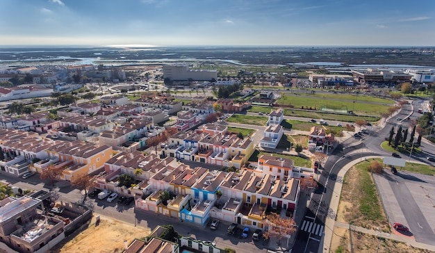 Aerial. City of Faro from bird's eye view, street Hortas de Figuras. Portugal