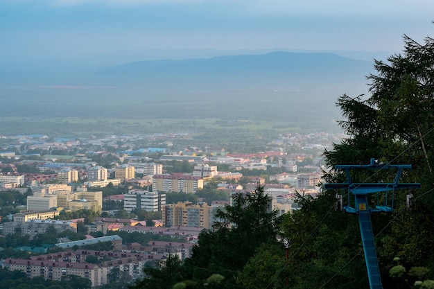 Aerial cityscape top view of YuzhnoSakhalinsk from Mount Bolshevik