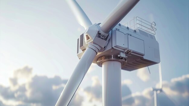 Aerial Close up View of Wind Turbine Blades Sun hiding under cloudy sky