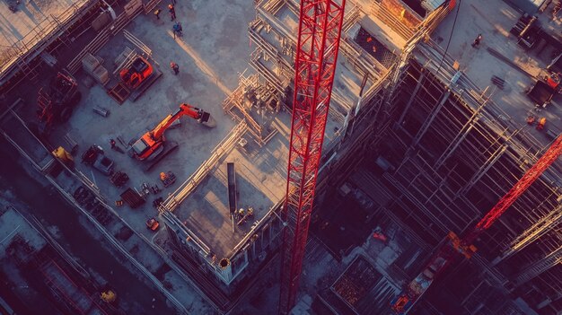 Photo aerial construction site with cranes and workers busy working