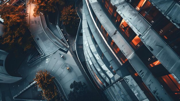 Photo aerial cyclist navigating sleek urban landscape in cinematic high tech frame