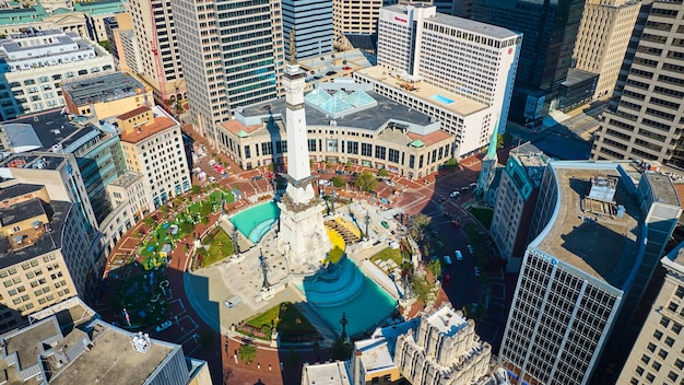 Aerial Downtown Indianapolis Monument Circle and Skyscrapers