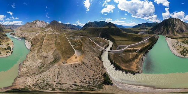 Aerial drone 360 panorama view of confluence of two rivers Katun and Chuya