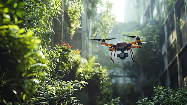 An aerial drone explores a lush overgrown urban environment showcasing nature reclaiming a manmade structure