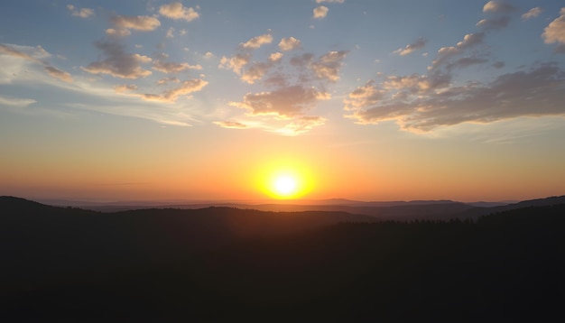 Aerial drone footage capturing a beautiful sunset over expansive forested hills isolated with white