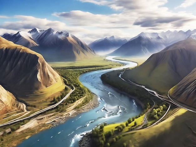 Aerial Drone High angle View Mountain and River Generative AI