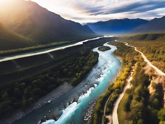 Aerial Drone High angle View Mountain and River Generative AI