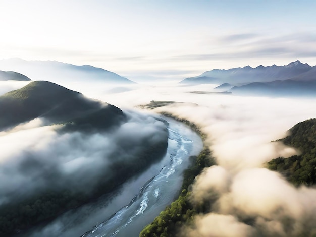 Aerial Drone High angle View Mountain and River Generative AI