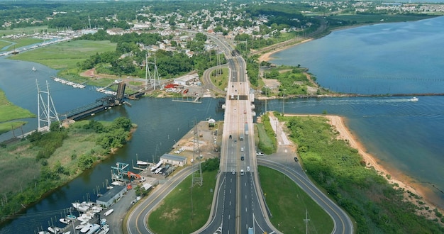 Aerial drone panoramic view of bay dock harbor a common fishing area in old bridge town us