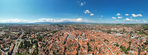 Aerial drone panoramic view of the Historic Centre of Sibiu Romania