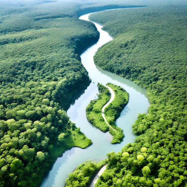 Photo aerial drone perspective of a bifurcated river meandering through untouched rainforest