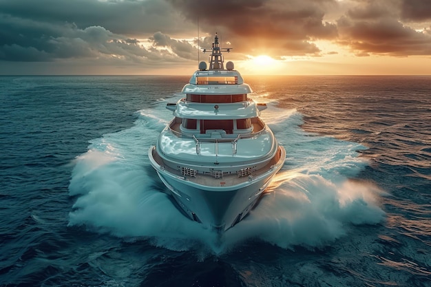 Aerial drone photo of luxury yacht cruising