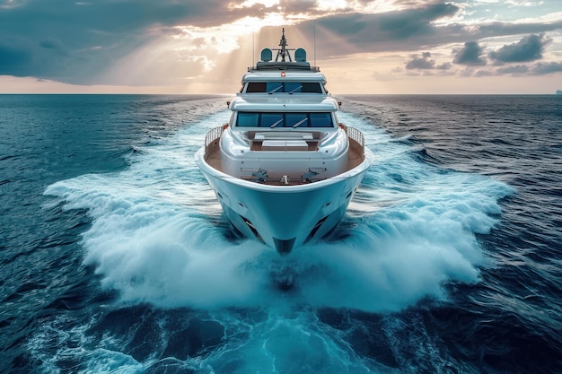 Aerial drone photo of luxury yacht cruising