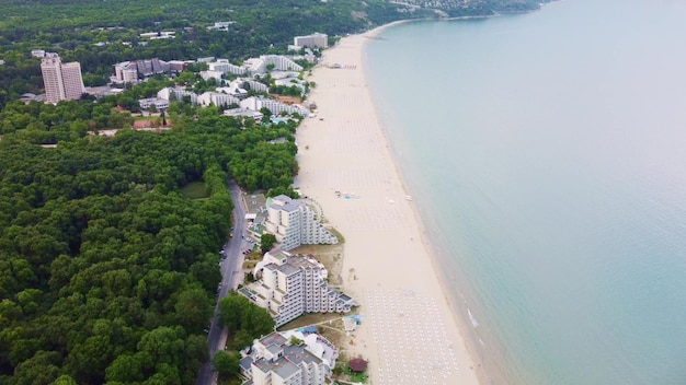 Aerial drone view of Albena empty sandy beach resort Bulgaria