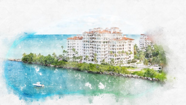 Aerial drone view of apartments in Fisher Island in Miami digital watercolor drawing