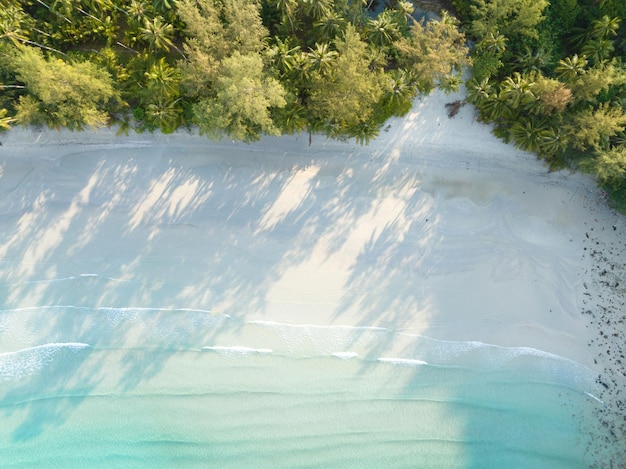 Aerial drone view of beautiful beach with turquoise sea water and palm trees of Gulf of Thailand Kood island Thailand