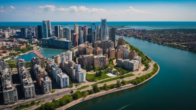 aerial drone view of Chicago metropolis from the lake during high noon the beautiful skyscraper sho