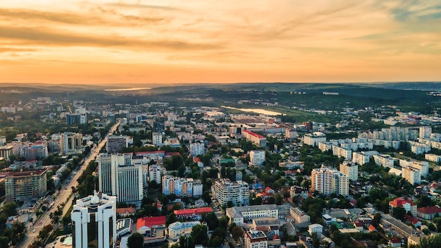 Aerial drone view of Chisinau downtown Panorama view of multiple buildings roads