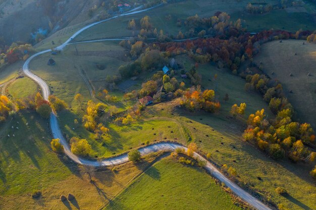 Photo aerial drone view of a countryside road at autumn