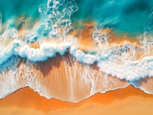 Aerial drone view of a desert beach with turquoise waters and soft waves reaching the shoreline