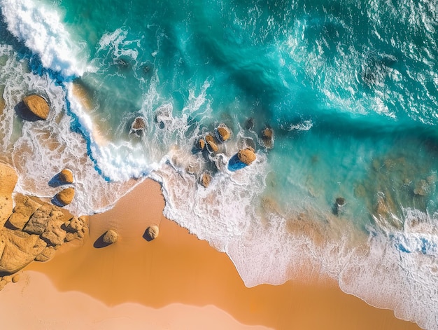 Aerial drone view of a desert beach with turquoise waters and soft waves reaching the shoreline