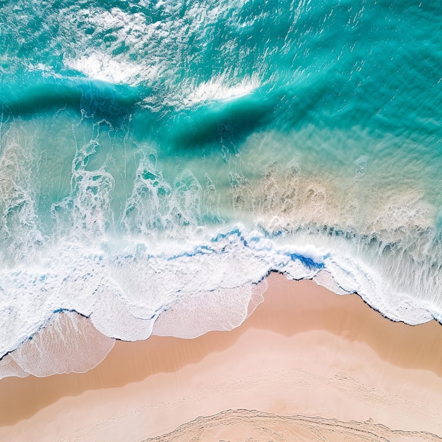 Aerial drone view of a desert beach with turquoise waters and soft waves reaching the shoreline