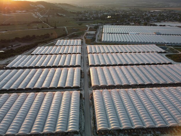 Aerial drone view of huge areas greenhouse for growing vegetables greenhouse farming agriculture