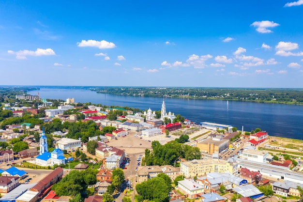 Aerial drone view of Kineshma ancient city with Volga river in Ivanovo region Russia Summer sunny day