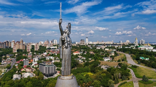 Aerial drone view of Kyiv city hills and parks from above, Kiev cityscape and skyline in spring, Ukraine