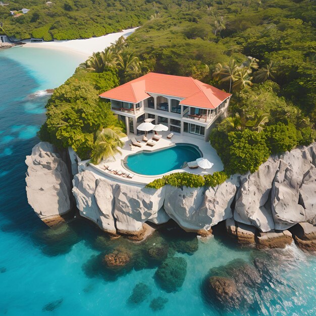 Photo aerial drone above view of luxury resort hotel villa building with swimming pool on sea or ocean