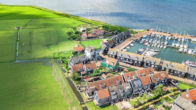 Aerial drone view of Marken island traditional fisherman village from above Netherlands