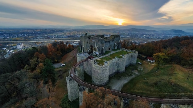 Aerial drone view of the Neamt Citadel in Targu Neamt Romania Fortress on the top of a hill