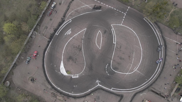 Aerial drone view of the open-air street racing and drift track outdoor