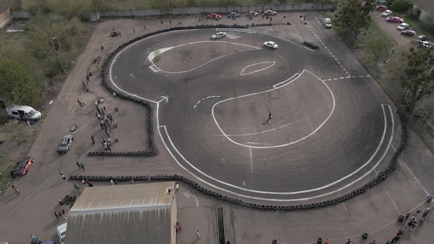 Aerial drone view of the open-air street racing and drift track outdoor