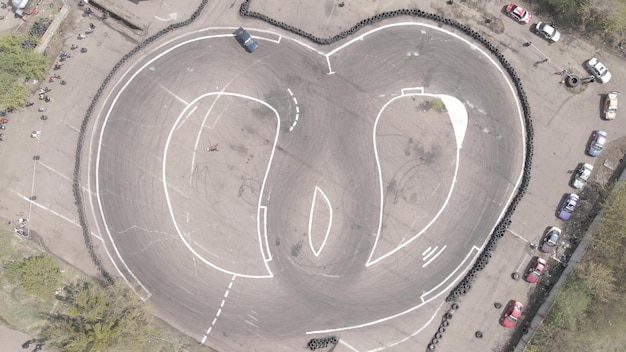 Aerial drone view of the open-air street racing and drift track