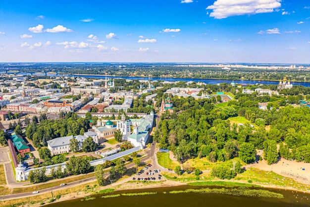 Aerial drone view of Orthodox Assumption Cathedral Strelka park SpasoPreobrazhensky male Monastery and Volga river in summer of Yaroslavl Russia